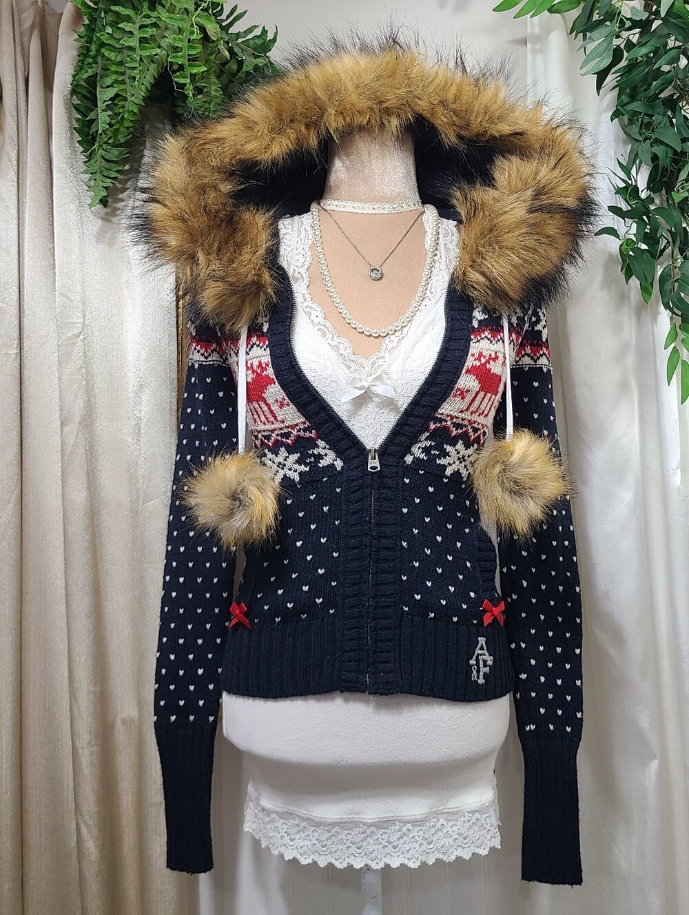 ♡ Y2K ♡ Abercrombie Fur Trimmed Hood Fair Isle Moose Logo Babydoll Sweater